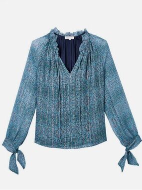 Rebecca Taylor Silk Metallic Floral Blouse Blue Tie Neck Sheer Top Size 4